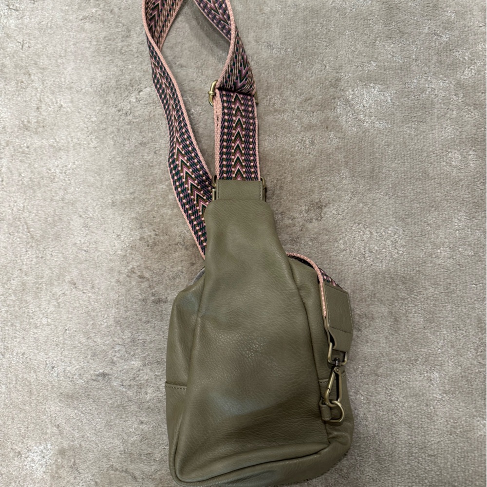 Olive Green Crossbody Bag with Patterned Strap
